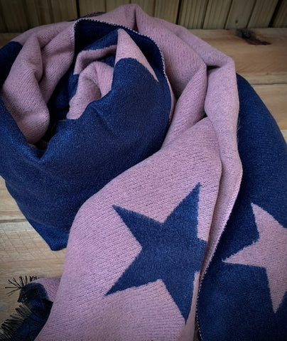 Thick Winter scarf in Navy and Lilac star pattern.