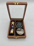 3 piece instrument wooden gift box sand timer, magnifier, compass
