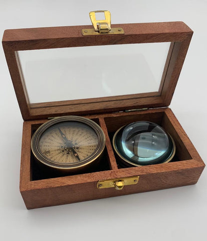 Compass and Magnifier in wooden gift box